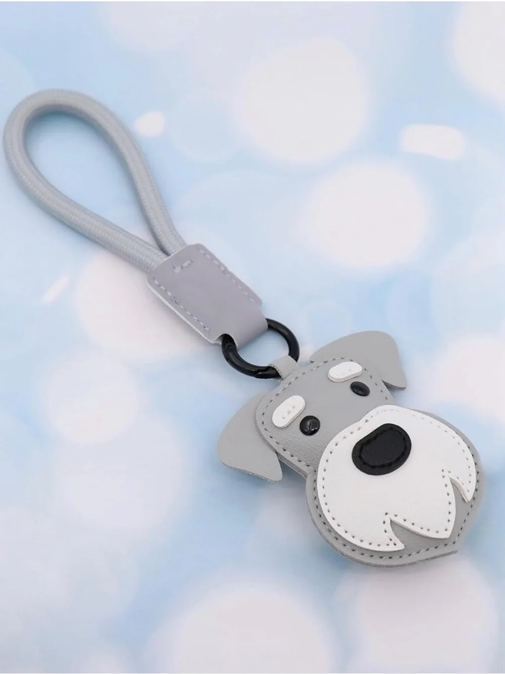 YDIAN-LIFE Gray & White Schnauzer Face Keychain / Bag Charm in PU Leather - NEW